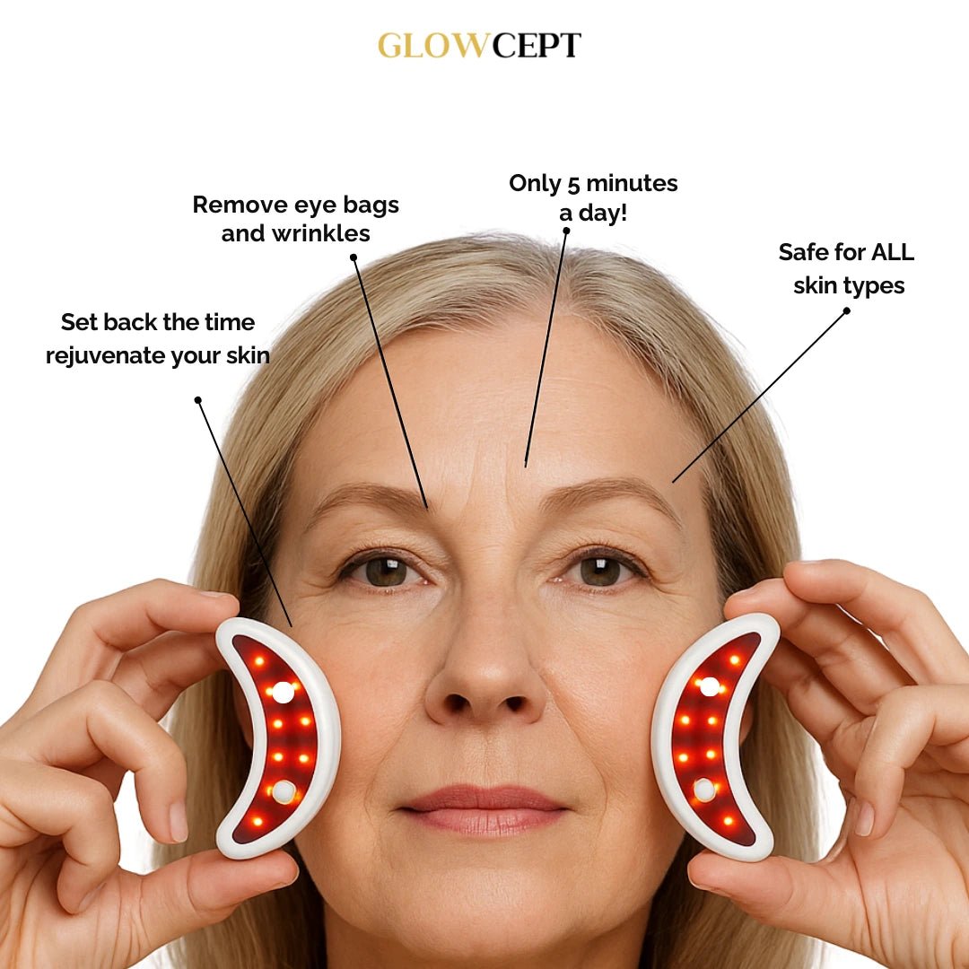 Older woman using red light eye device