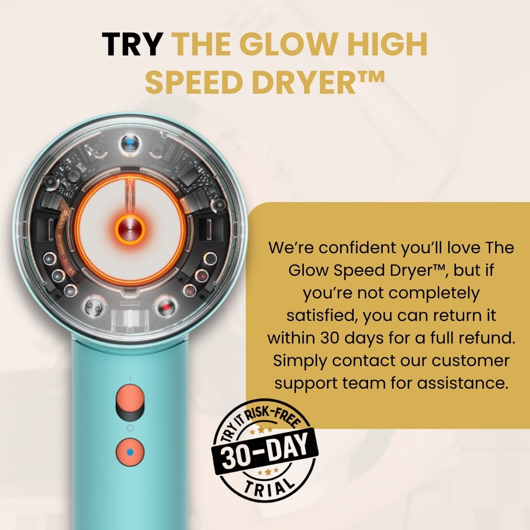 GlowCept High Speed Dryer with 30-day risk-free trial and customer satisfaction guarantee, advanced ionic hair dryer design.
