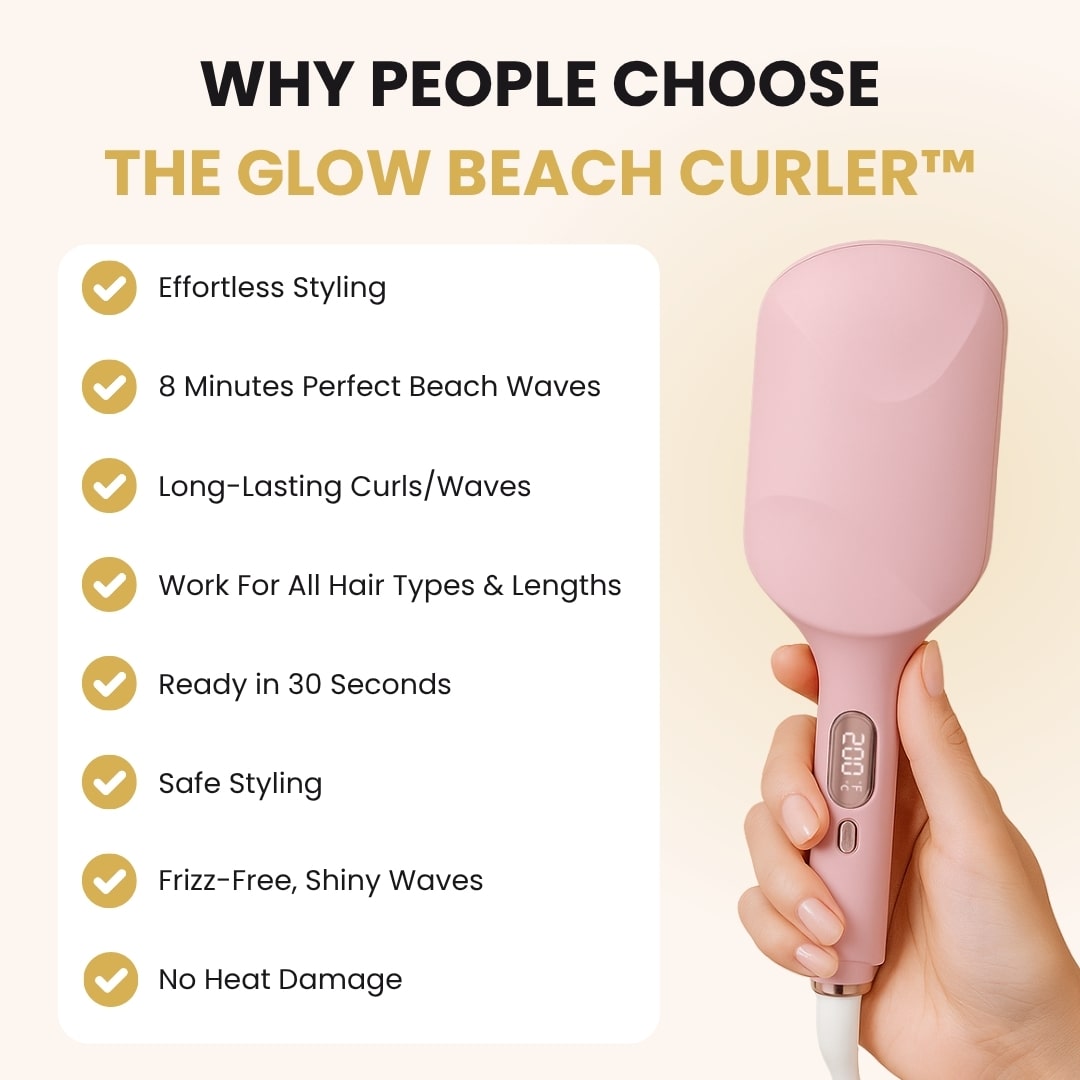 Why choose The Glow Beach Curler - highlights include quick heat-up, safe styling, and perfect waves.