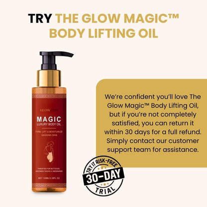 Glow Magic Body Lifting Oil for firming and moisturizing sagging skin – 30-day risk-free trial guarantee."