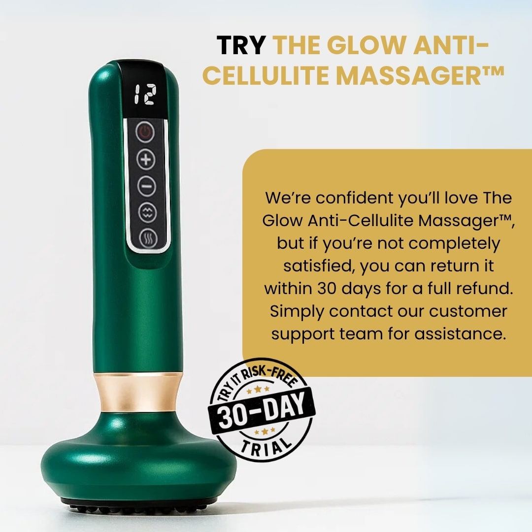 Glow Anti-Cellulite Massager with digital controls – 30-day risk-free trial for cellulite reduction and smoother skin.