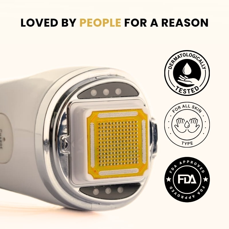 Close-up of GlowCept Glow Derma Face Laser head showing dermatologically tested, FDA approved, and suitable for all skin types certification icons.
