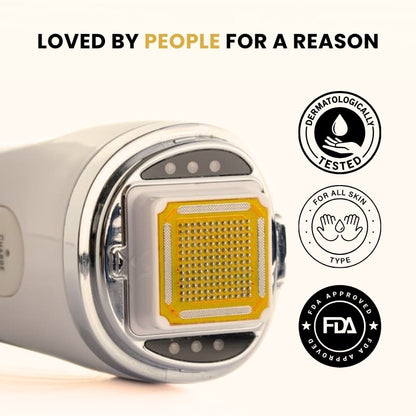 Close-up of GlowCept Glow Derma Face Laser head showing dermatologically tested, FDA approved, and suitable for all skin types certification icons.
