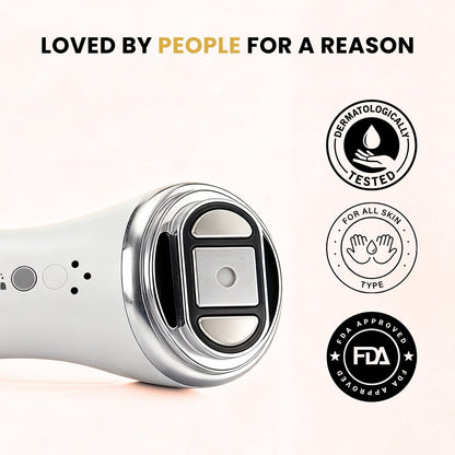 Close-up of GlowCept Glow Derma Face Laser head showing dermatologically tested, FDA approved, and suitable for all skin types certification icons.