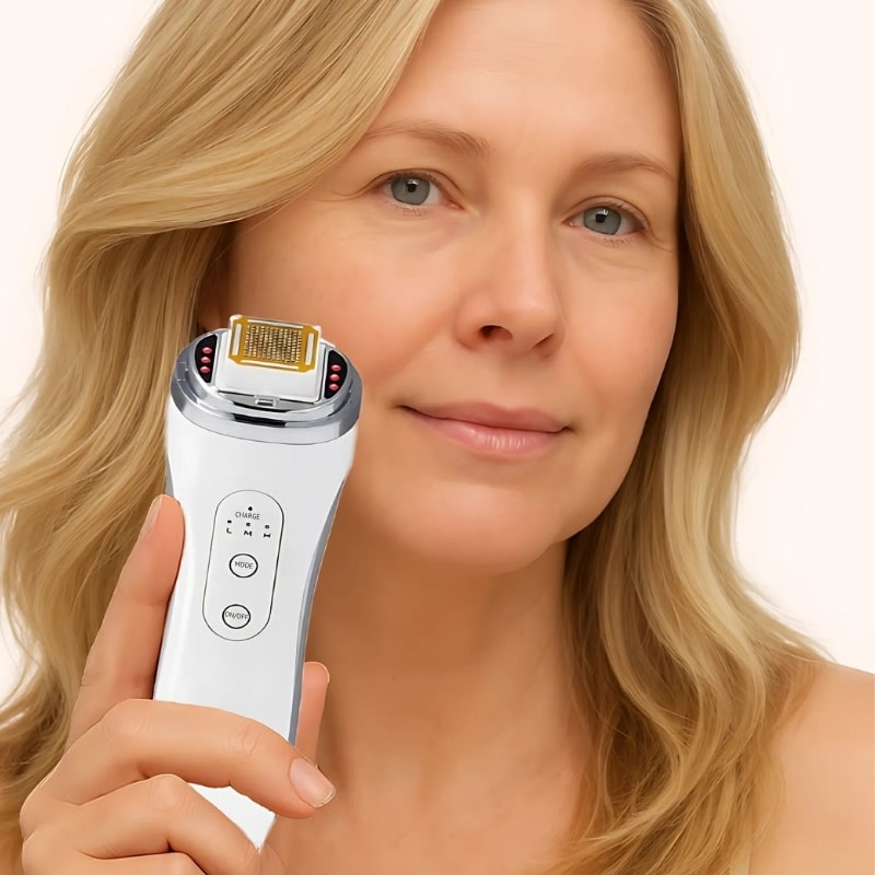 Middle-aged woman holding GlowCept Derma Face Laser for anti-aging skin tightening and wrinkle reduction