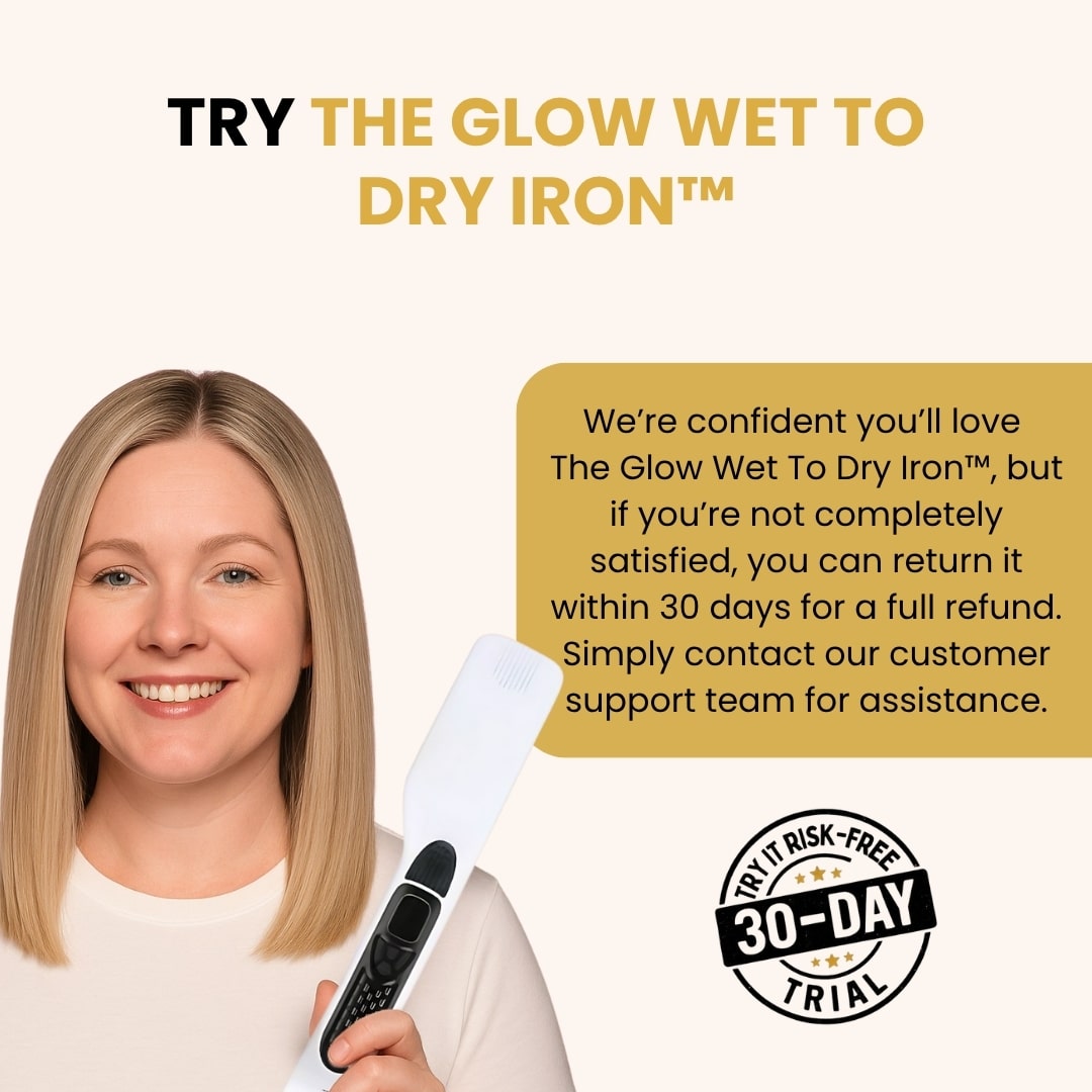 Woman holding Glow Wet To Dry Iron, 30-day trial offer.