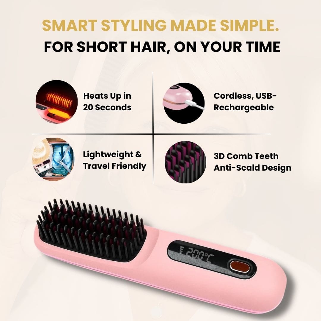 Glow Pink heated hair styling brush with digital display on a white background, featuring text about its features.