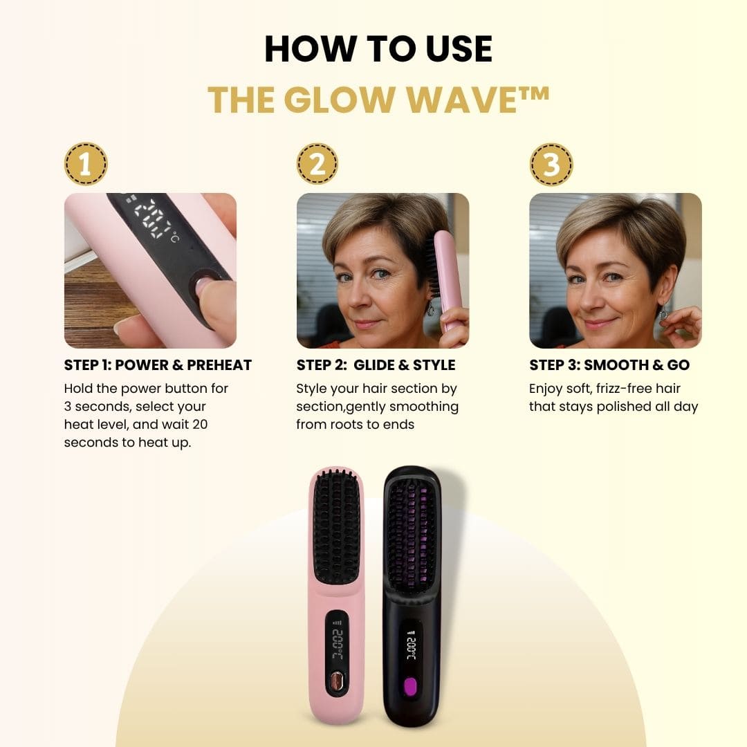 Instructions on how to use a heated brush a hair styling tool with two models and text on a gradient background
