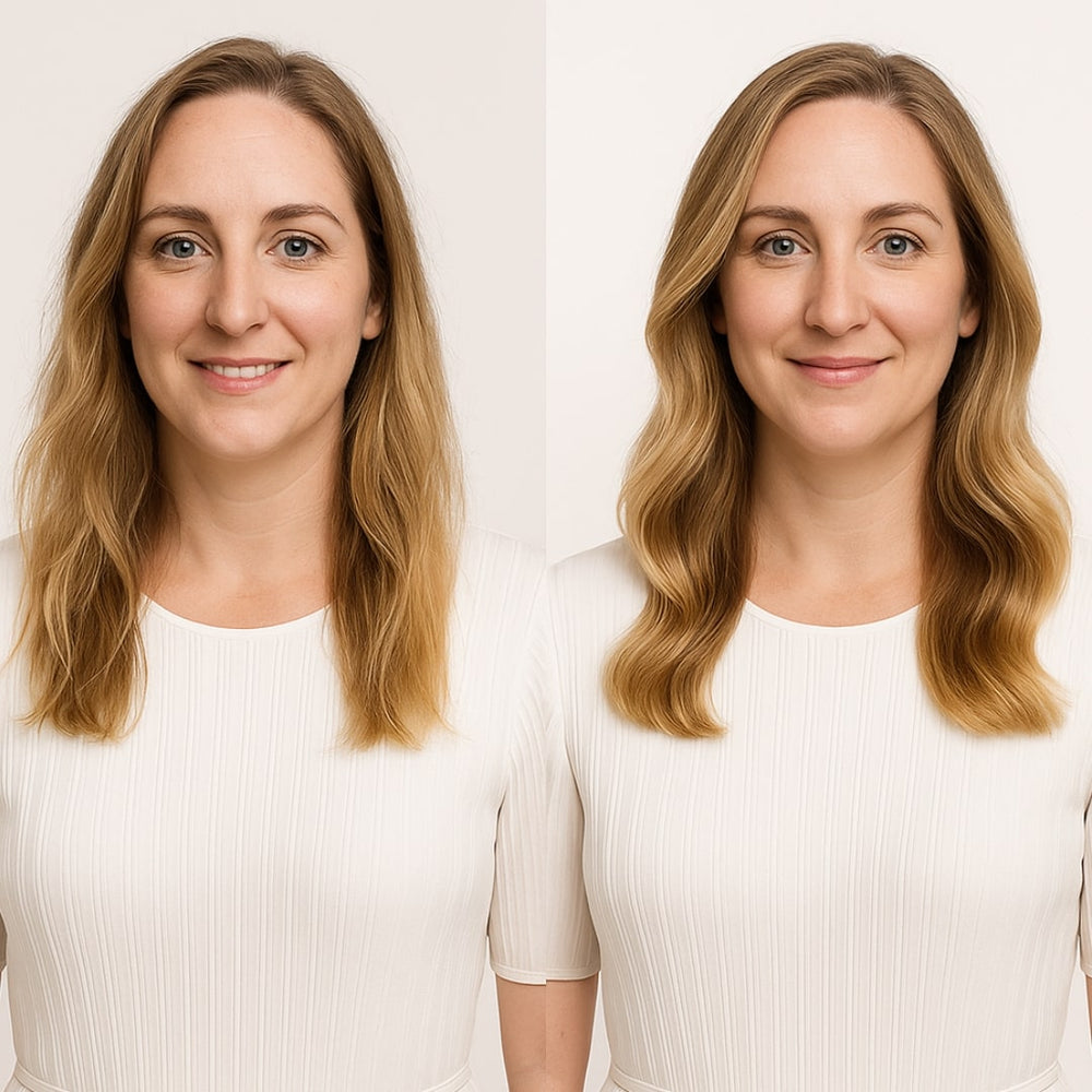 Before and after results of using GlowCept Beach Curler, showing transformation from straight to wavy, voluminous hair.