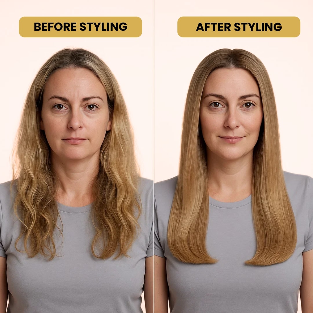 Before and after using GlowCept hair styling tool, showing transformation from frizzy, wavy hair to smooth, straight hair.
