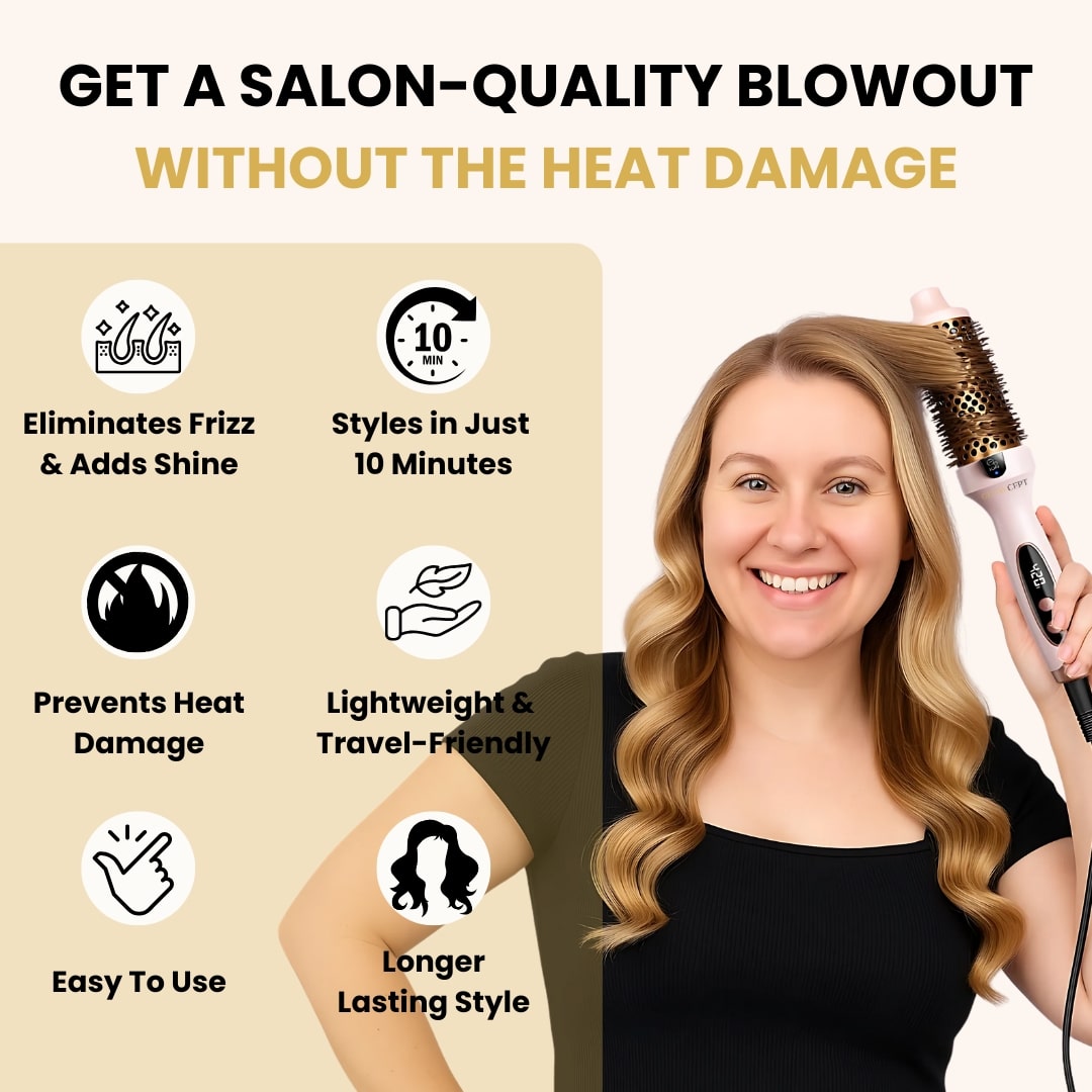Woman styling hair with Glow thermal brush for salon-quality blowout, eliminates frizz and prevents heat damage