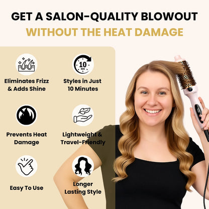 Woman styling hair with Glow thermal brush for salon-quality blowout, eliminates frizz and prevents heat damage