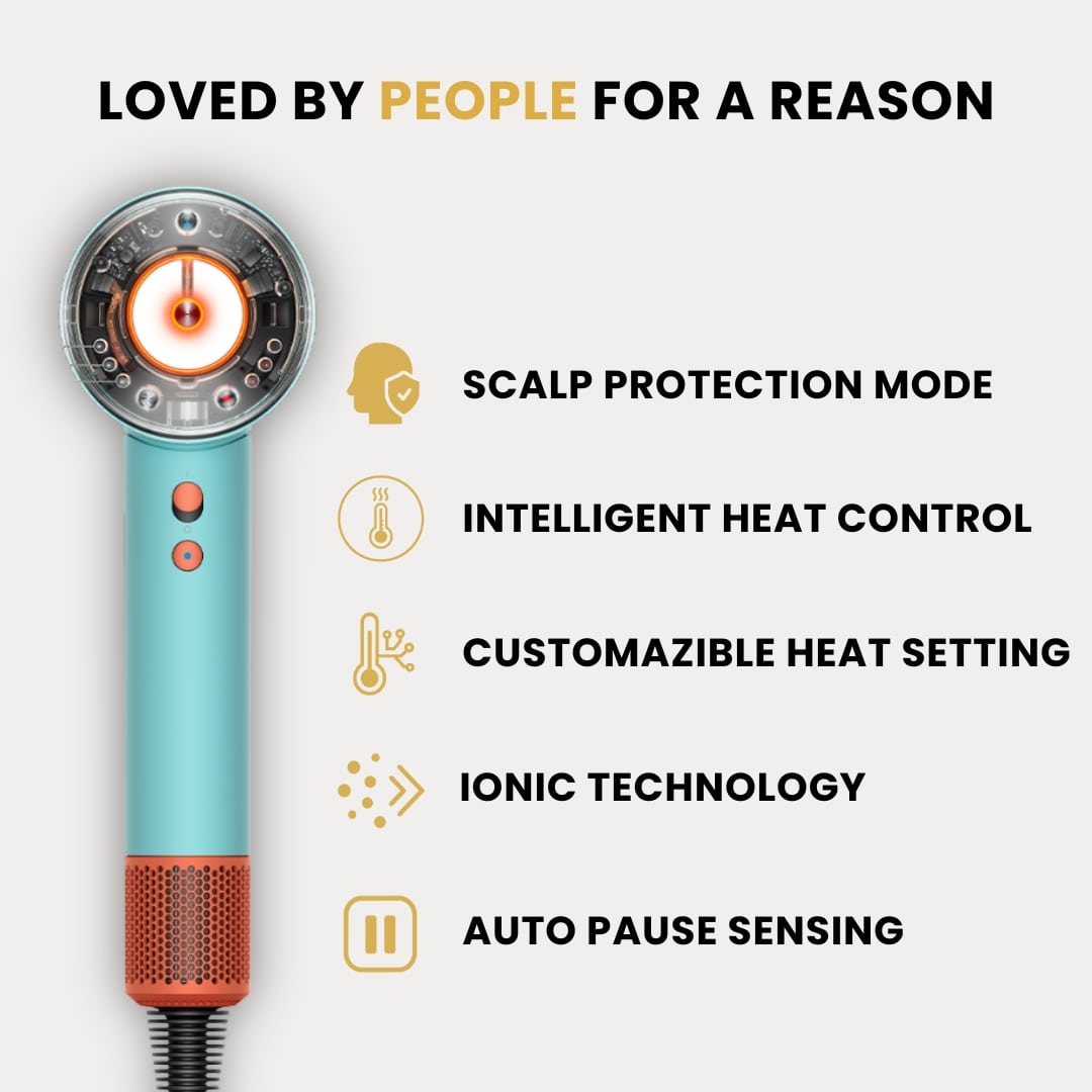 GlowCept hair dryer with scalp protection, intelligent heat control, customizable heat, ionic technology, and auto pause features.