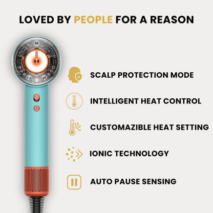 GlowCept hair dryer with scalp protection, intelligent heat control, customizable heat, ionic technology, and auto pause features.