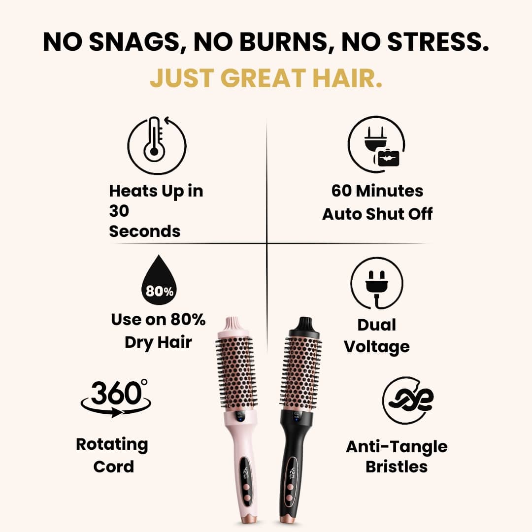 Glow Thermal Brush: 30s heat-up, 60min auto shut-off, 360° cord, dual voltage, anti-tangle bristles, works on 80% dry hair.