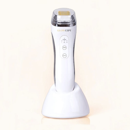 GlowCept Glow Derma Face Laser device displayed upright on a white charging base, professional skincare tool for boosting collagen and reducing wrinkles.