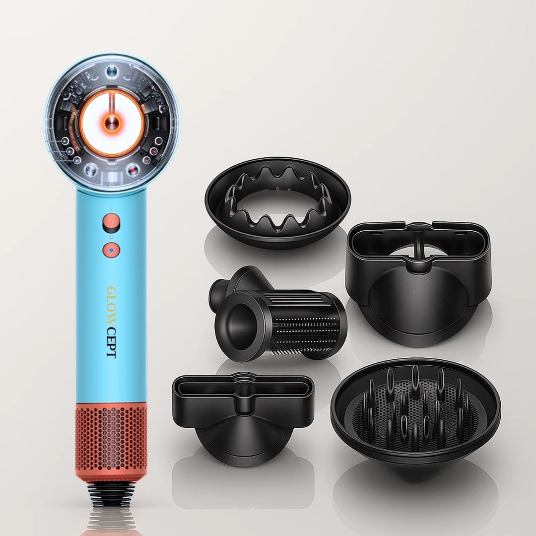 GlowCept High Speed Hair Dryer with five styling attachments for frizz control, curls, volume, and smooth hair results.