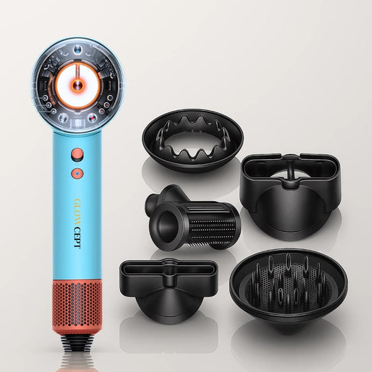 GlowCept High Speed Hair Dryer with five styling attachments for frizz control, curls, volume, and smooth hair results.
