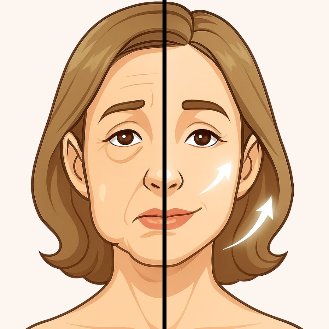 Illustration showing before and after effects of GlowCept anti-aging treatment, with visible reduction in sagging skin and wrinkles for a firmer, lifted appearance.