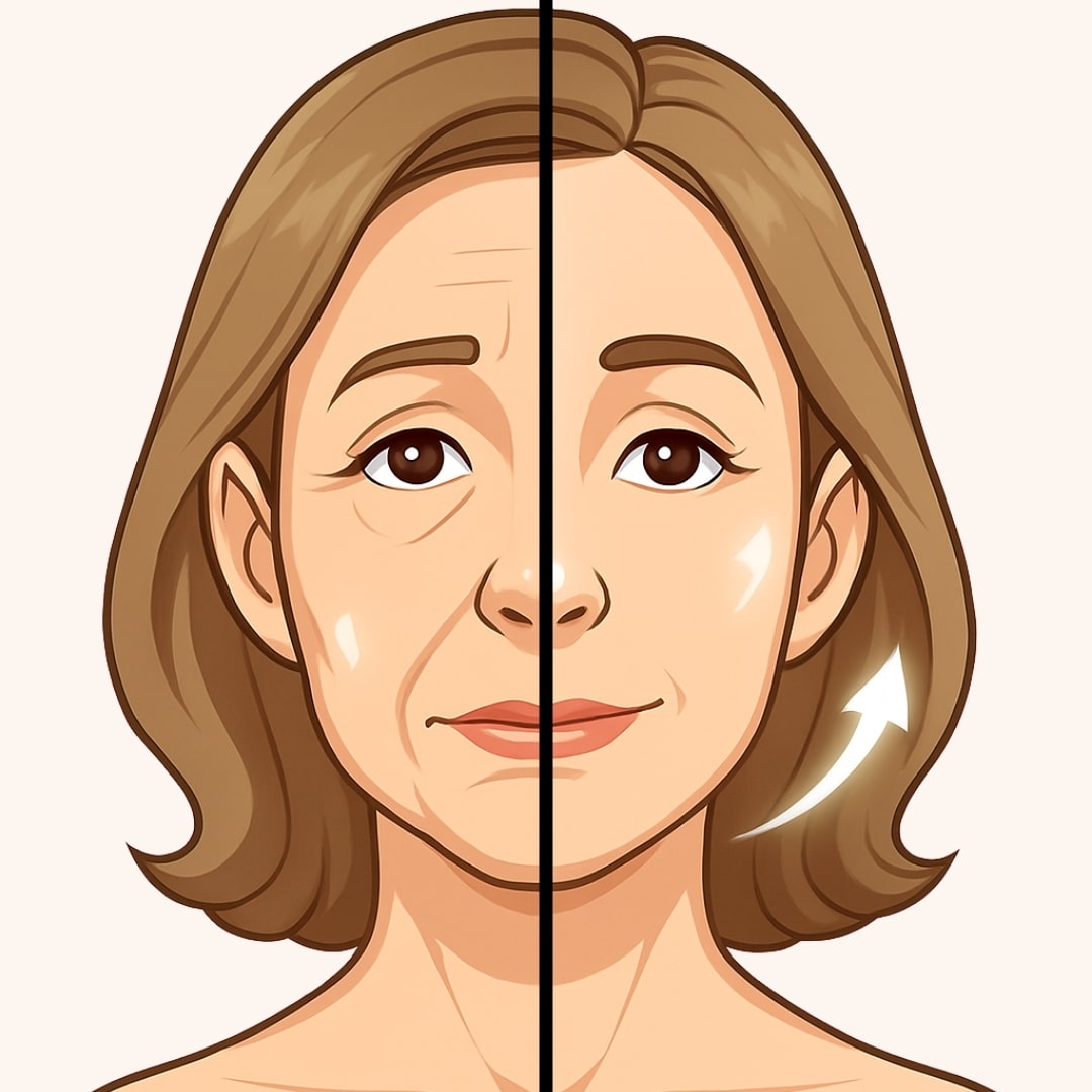 Cartoon illustration of a woman's face before and after using GlowCept anti-aging treatment, showing reduction in wrinkles, firmer skin, and a visibly lifted jawline.
