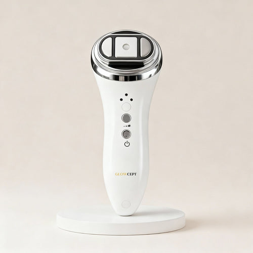 GlowCept Glow Derma Face Laser device displayed upright on a white charging base, professional skincare tool for boosting collagen and reducing wrinkles.