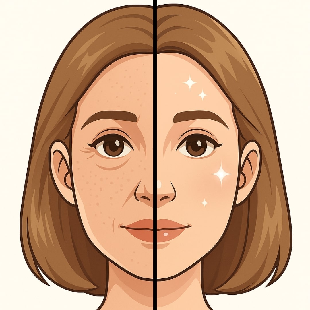 Illustration of woman’s face before and after using GlowCept skincare, showing transformation from uneven skin texture to smooth, glowing complexion.