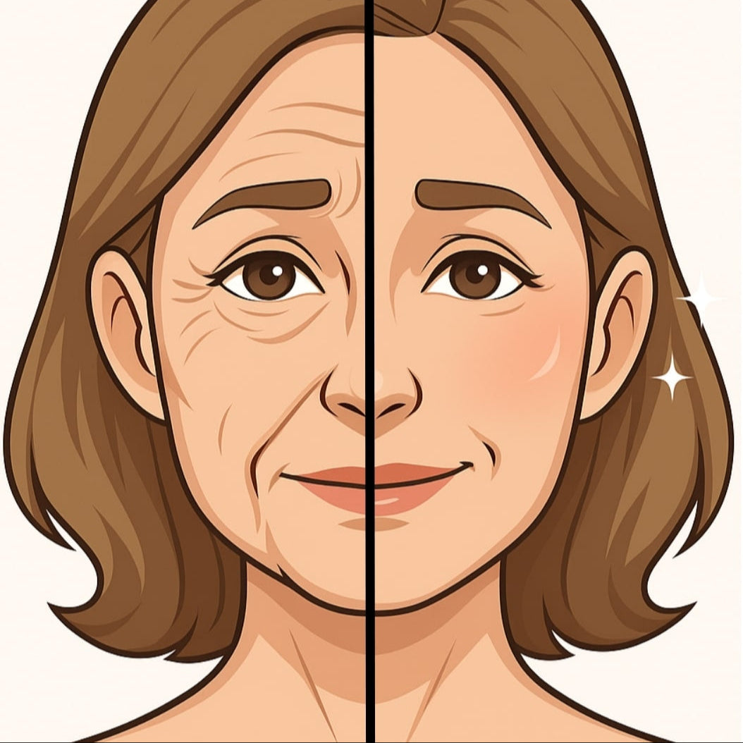 Illustration of mature woman's face before and after GlowCept anti-aging treatment, showing reduced wrinkles, smoother skin, and youthful appearance.